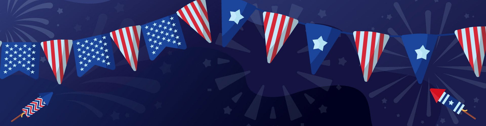 Header image composed by American flag banners and fireworks.