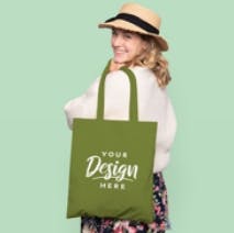 Happy woman with tote bag mockup