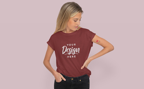 Blonde girl in small t-shirt mockup