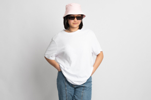 Asian woman with nice hat and t-shirt mockup