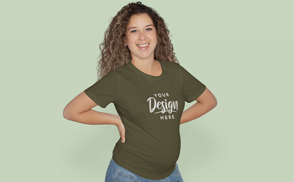 Happy curly hair pregnant woman t-shirt mockup