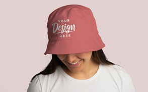 Brunette woman in bucket hat mockup