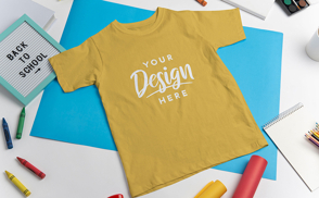Child t-shirt with crayon markers mockup
