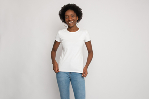 Black woman with afro in t-shirt mockup