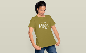 Brunette woman in t-shirt mockup