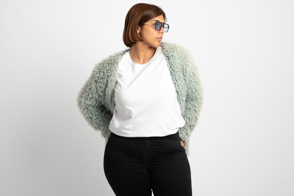 Plus size woman in cool jacket and t-shirt mockup