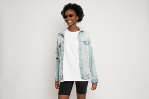 Black girl in jean jacket and t-shirt mockup