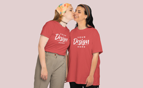 Lesbian couple kissing in t-shirt mockup