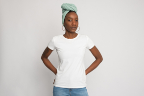 Black female with headscarf and white t-shirt mockup