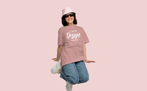 Happy asian girl oversized t-shirt mockup | Start Editing Online