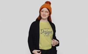 Woman with beanie t-shirt mockup