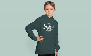 Child boy posing in hoodie mockup