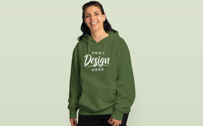 Happy brunette girl in hoodie mockup