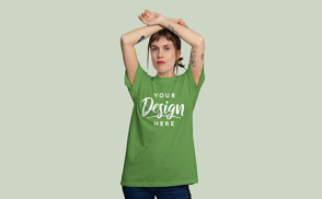 Blonde woman with hands up t-shirt mockup | Start Editing Online