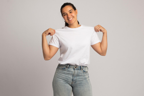 Young hispanic girl showcasing a t-shirt mockup