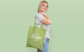 Blonde woman with tote bag mockup