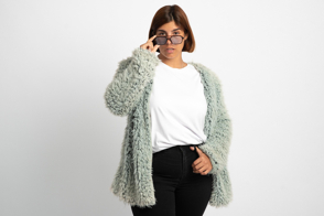 Plus size woman in faux fur jacket and t-shirt mockup