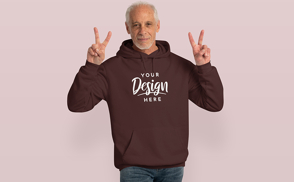 Happy older man in hoodie mockup