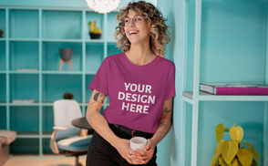 Curly hair woman smiling t-shirt mockup