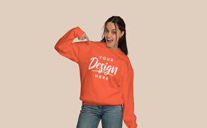 Brunette girl points at sweatshirt mockup | Start Editing Online