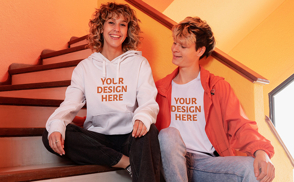 Couple in stairs hoodie mockup