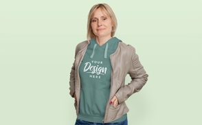 Blonde woman with jacket and hoodie mockup