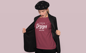 Girl with beret jacket and t-shirt mockup