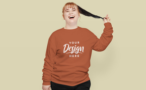 Woman laughing in sweatshirt mockup