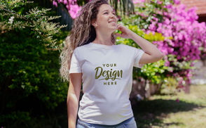 Pregnant woman smiling in garden in t-shirt mockup