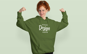 Strong redhead woman in hoodie mockup