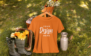 T-shirt hanging from chair in garden mockup