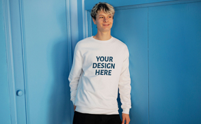 Man with blonde hair in casual pose t-shirt mockup