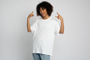 Black girl doing gestures in t-shirt mockup