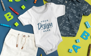 Baby onesie with short and t-shirt mockup