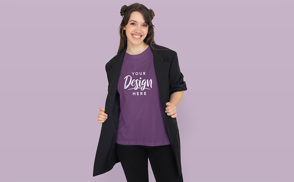 Female model with coat and t-shirt mockup