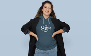 Happy pregnant girl in coat and t-shirt mockup