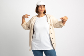 Plus size woman doing urban gestures in t-shirt mockup