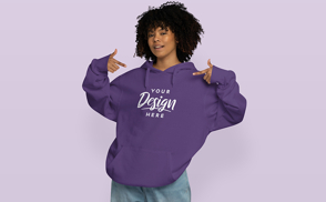 Black curly hair girl in hoodie mockup