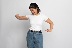 Asian woman pointing her t-shirt mockup