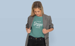 Blond woman with grey coat t-shirt mockup