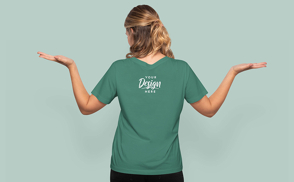 Blonde woman backwards in t-shirt mockup