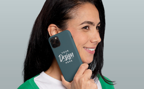 Girl with black hair and phone case mockup