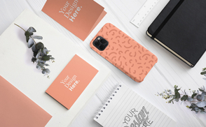 Stationary elements and phone case mockup