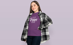 Teen girl in flannel and t-shirt mockup