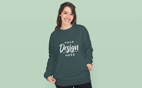 Happy woman in oversized sweatshirt mockup