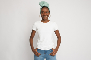 Black woman in a white t-shirt mockup