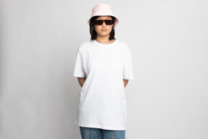 Asian girl with pink hat and t-shirt mockup