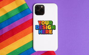 Phone case over rainbow flag mockup