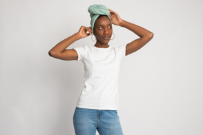 Black woman with headscarf and white t-shirt mockup