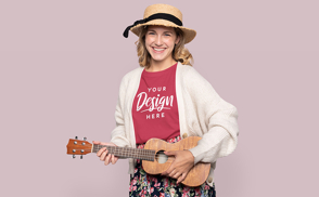 Woman with ukelele and t-shirt mockup